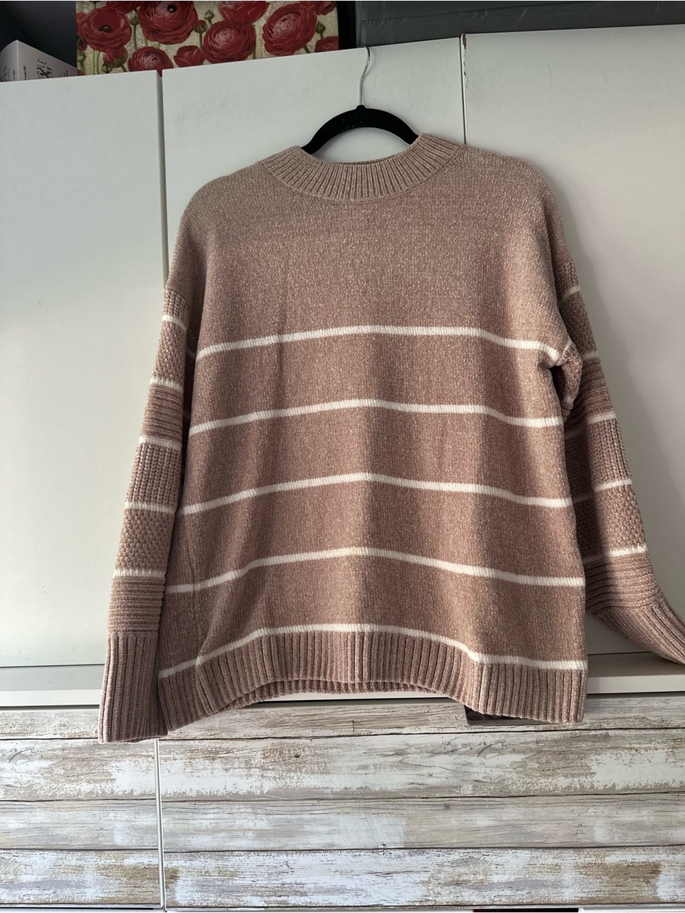 🤎 Rachel Zoe Chenille Striped Oversized Sweater Medium Beige Cream
